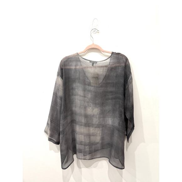 Eileen Fisher Silk 3/4 Sleeve Semi-Sheer V-Neck Hi-Low Blouse Gray Womens Size L - Picture 3 of 5